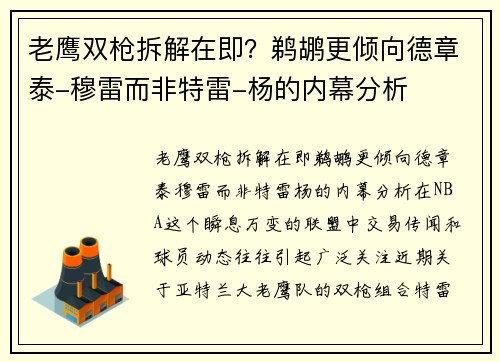 老鹰双枪拆解在即？鹈鹕更倾向德章泰-穆雷而非特雷-杨的内幕分析