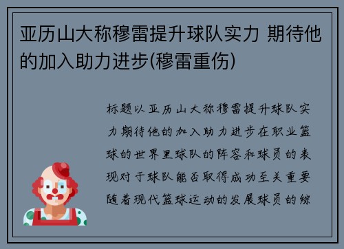 亚历山大称穆雷提升球队实力 期待他的加入助力进步(穆雷重伤)