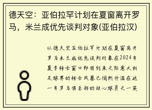 德天空：亚伯拉罕计划在夏窗离开罗马，米兰成优先谈判对象(亚伯拉汉)