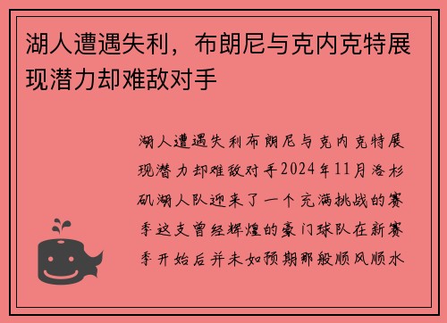 湖人遭遇失利，布朗尼与克内克特展现潜力却难敌对手