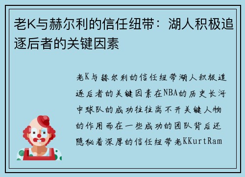 老K与赫尔利的信任纽带：湖人积极追逐后者的关键因素