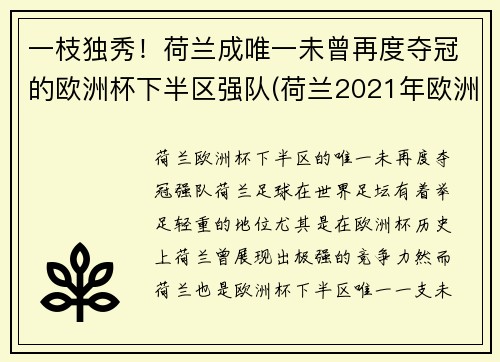 一枝独秀！荷兰成唯一未曾再度夺冠的欧洲杯下半区强队(荷兰2021年欧洲杯)