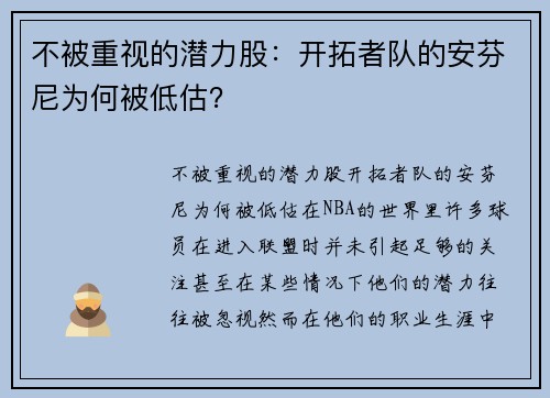 不被重视的潜力股：开拓者队的安芬尼为何被低估？