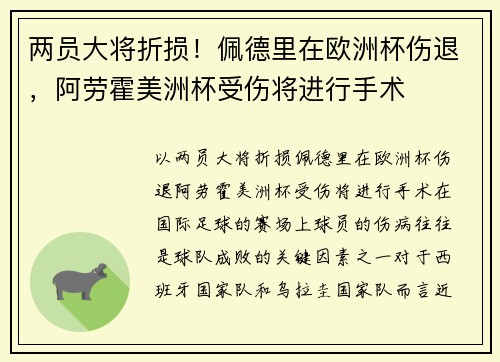 两员大将折损！佩德里在欧洲杯伤退，阿劳霍美洲杯受伤将进行手术