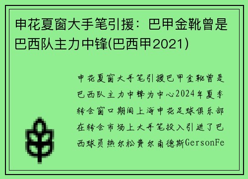 申花夏窗大手笔引援：巴甲金靴曾是巴西队主力中锋(巴西甲2021)