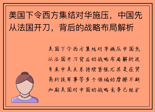 美国下令西方集结对华施压，中国先从法国开刀，背后的战略布局解析